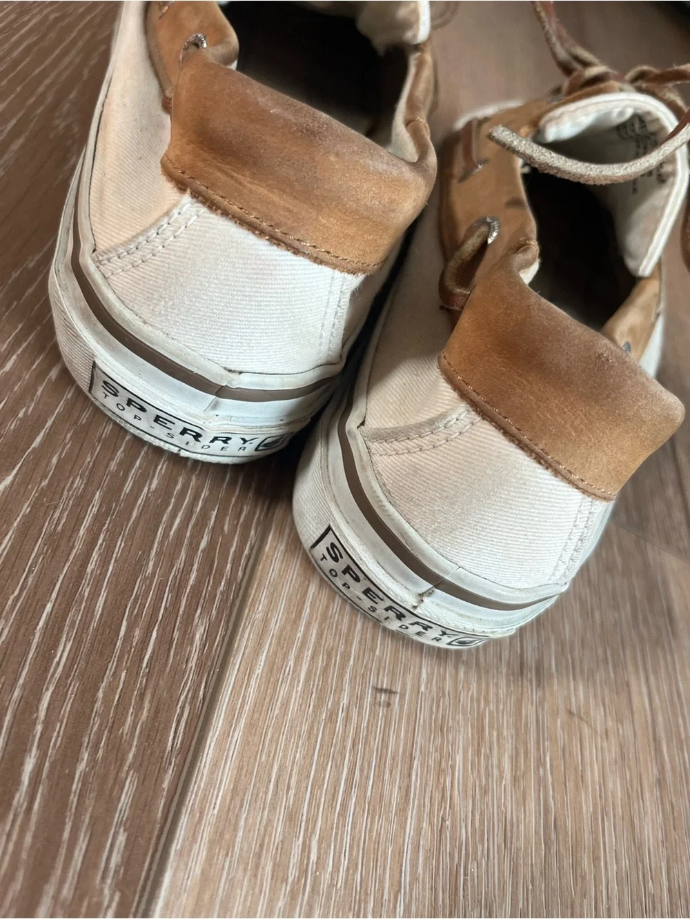 Sperry Top-Sider Men’s Boat Shoe cream canvas & brown leather Size 8.5